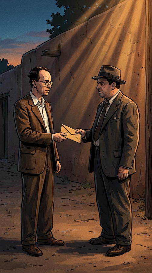 Klaus Fuchs hands a sealed envelope to a stranger on a Santa Fe side street, June 1945.