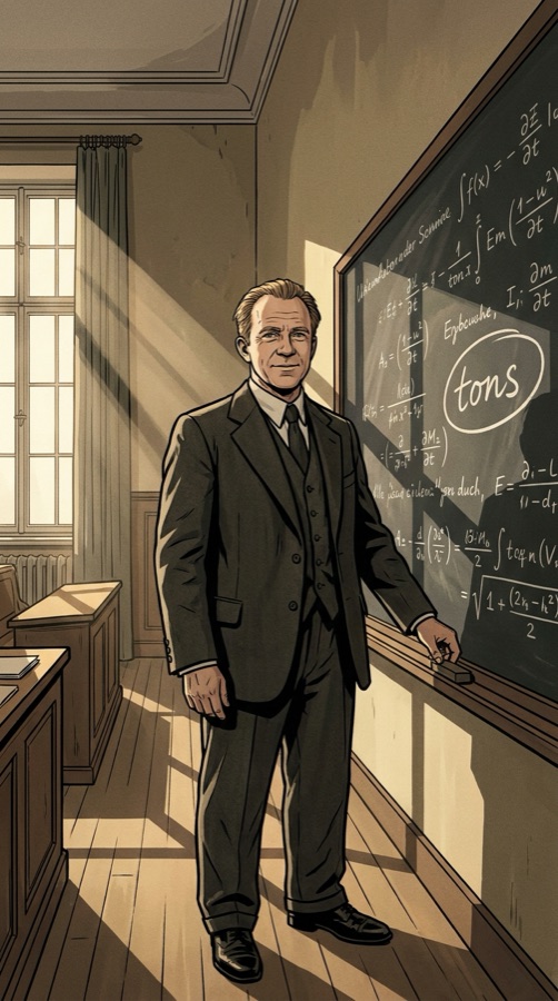 Heisenberg at the blackboard — the estimate, wrong by orders of magnitude, that killed the German bomb.