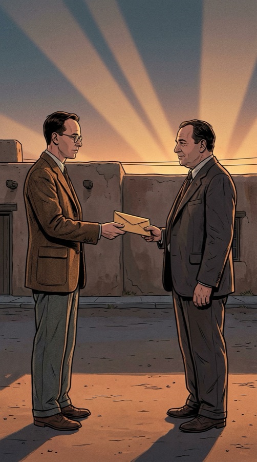 Klaus Fuchs hands the design to a Soviet courier in Santa Fe, June 1945.