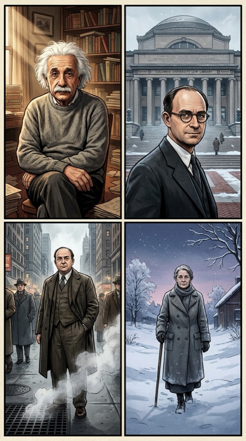 The exiles: Einstein at Princeton, Fermi at Columbia, Szilárd in Manhattan, Meitner in Sweden.