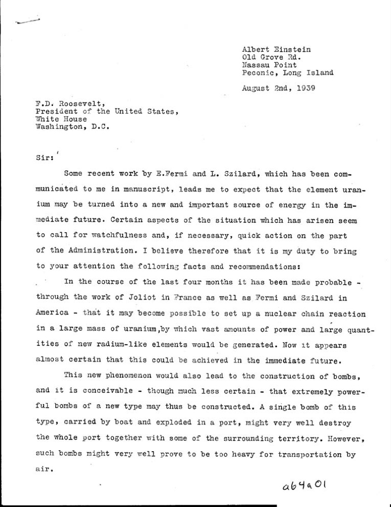 The first page of the Einstein–Szilárd letter, drafted by Leó Szilárd and signed by Albert Einstein on 2 August 1939.