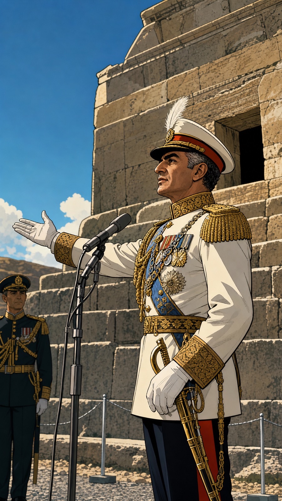 Mohammad Reza Pahlavi addresses the tomb at Pasargadae, 12 October 1971.