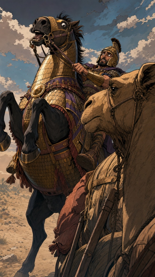 The Lydian horses meet the camels.