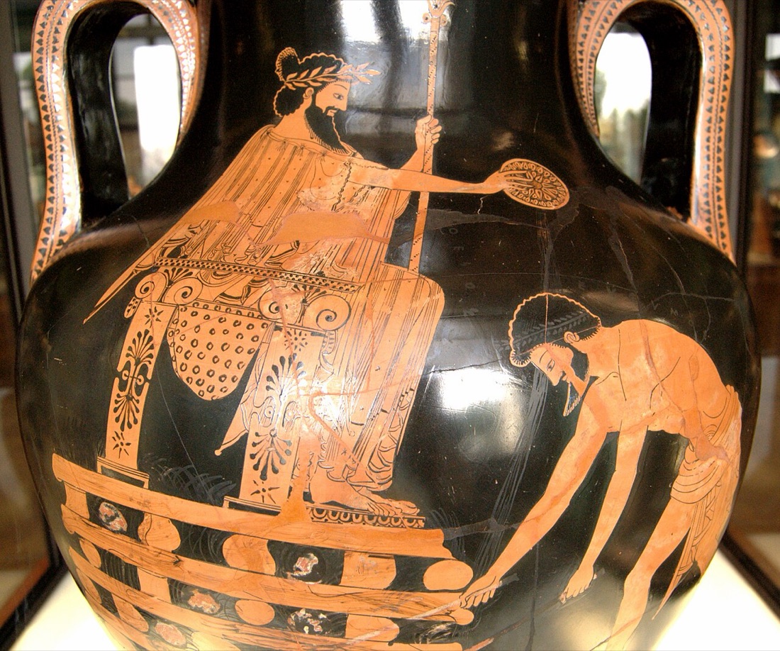 Croesus on the pyre, on an Athenian red-figure amphora painted about 500–490 BC, roughly two generations after the war.