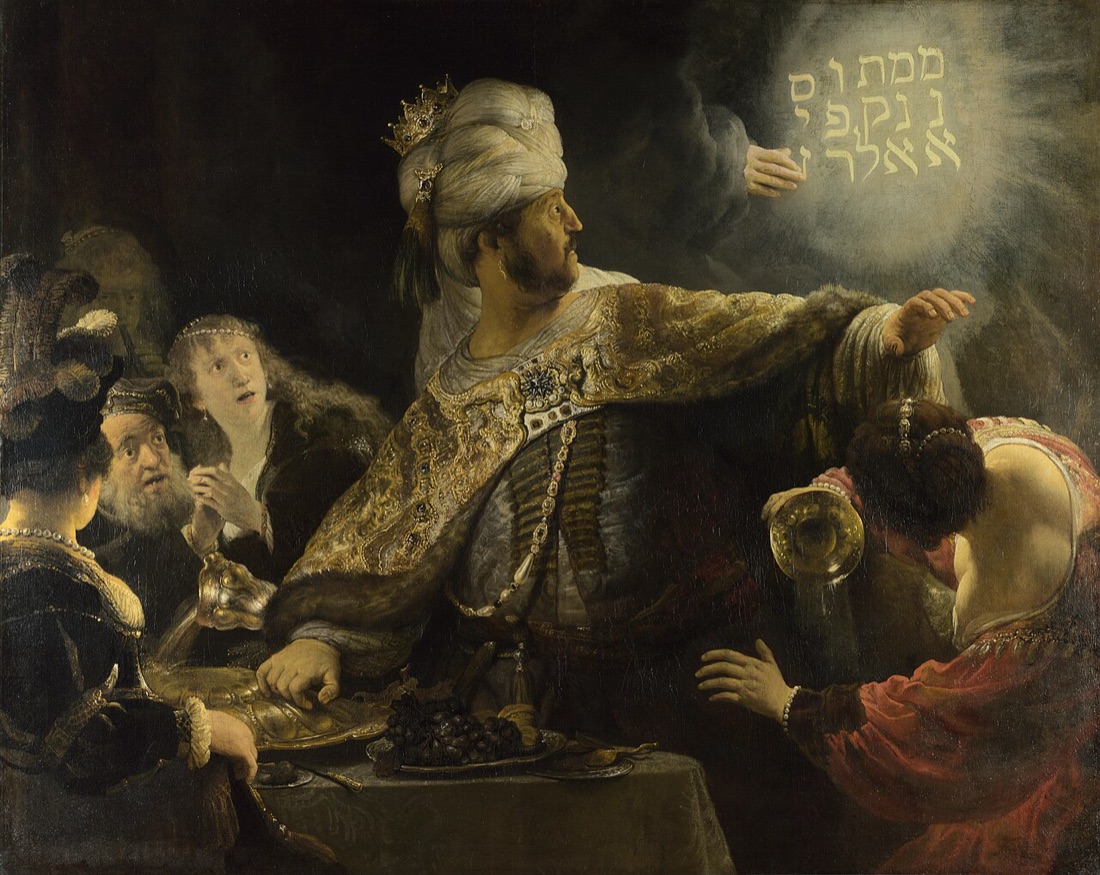 Rembrandt's *Belshazzar's Feast*, painted about 1635 — the writing on the wall, from Daniel 5.